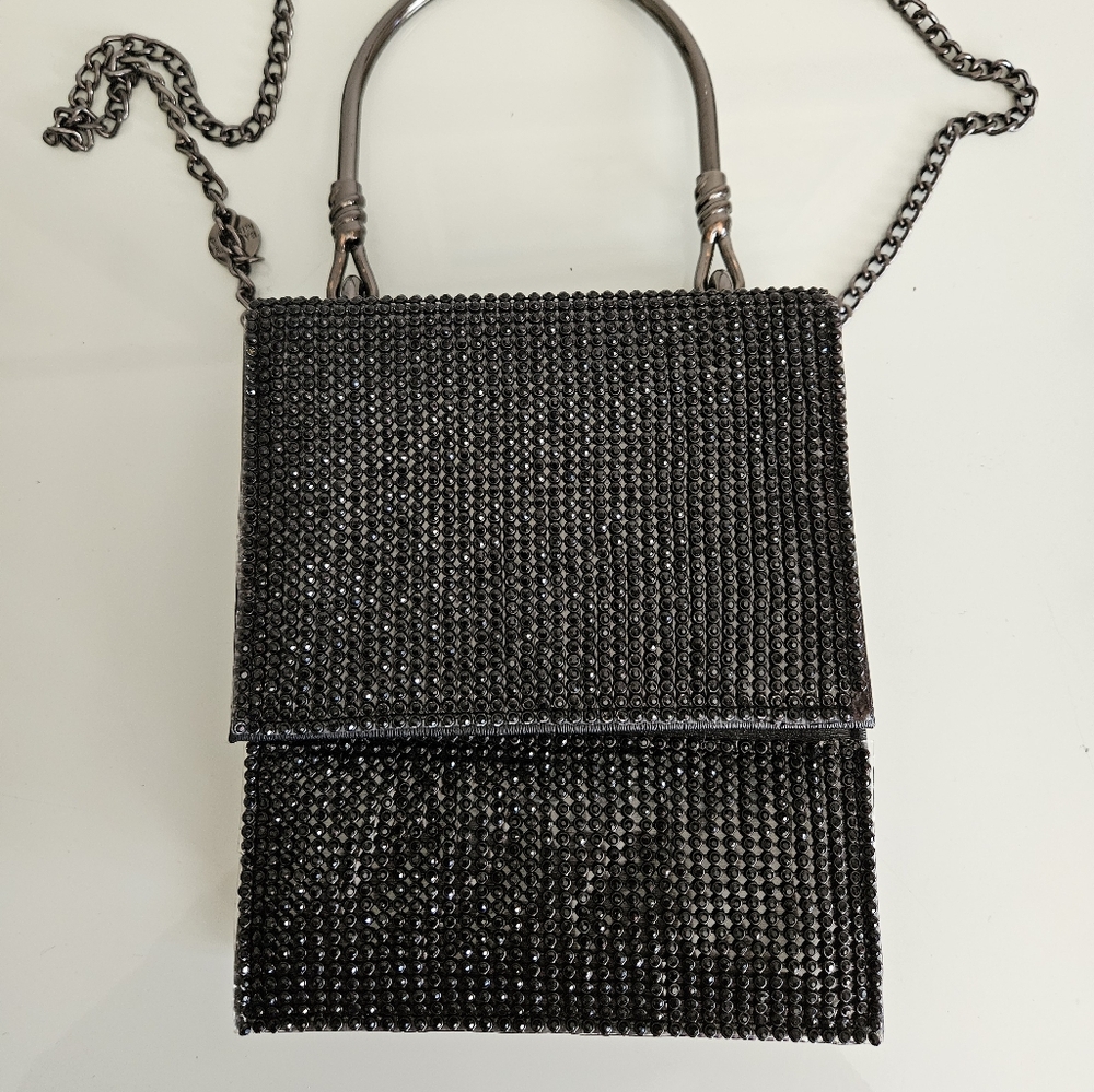 Badgley Mischka Black Bpx Rhinestone Clutch with Detachable Chain Strap